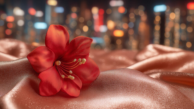 Close-up of a red bauhinia brooch on silk, golden light on petals, festive city backdrop - celebrating Hong Kong's establishment day with elegance.