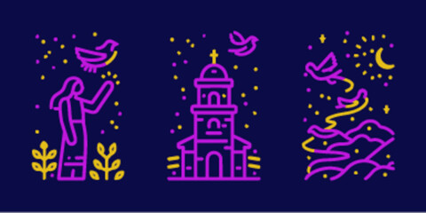 Monoline Style Icons of Nature, Religion, and Nighttime Elements
