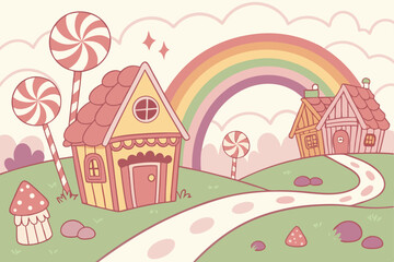 Fototapeta premium 134 colorful, whimsical, candy-coated, cartoon-like, fantasy village, candy cane lollipops, marshmallow houses, gingerbread architecture, playful landscape, vibrant colors, surreal, magical, dreamlike