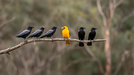 Five Birds On Branch, One Yellow, Contrasting Against Black