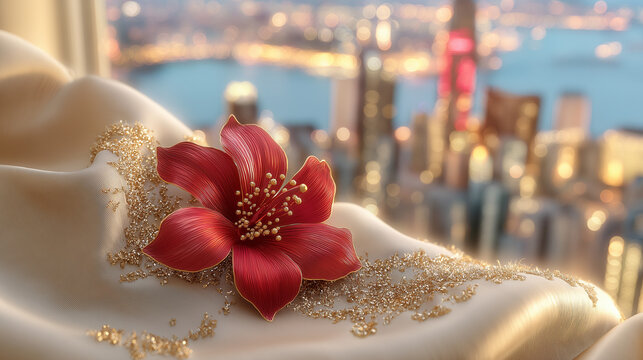 Close-up of a red bauhinia brooch on silk, golden light on petals, festive city backdrop - celebrating Hong Kong's establishment day with elegance. - Powered by Adobe