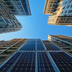 Camera looks up at the subject, emphasizing power or dominance of a modern urban apartment complex with rooftop solar panels.