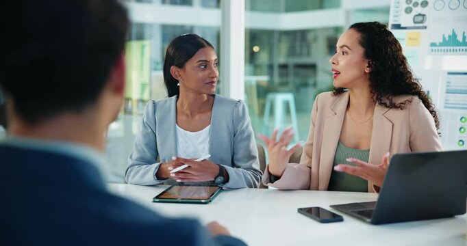 Collaboration, colleagues and people with tablet, data analysis and discussion for review of ad performance. Marketing, team and group with laptop for research, graph and planning for target audience