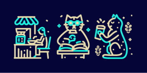 Monoline Icon Design Featuring Cat and Coffee Shop Scene