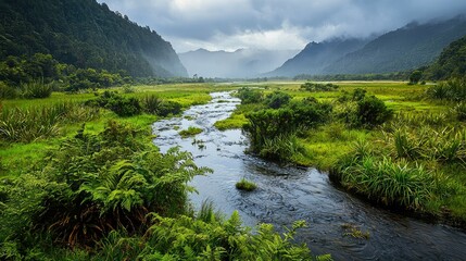 Obraz premium A lush, green rural landscape with a river meandering through, the foliage bright and wet from the rain, with the sky clearing above.