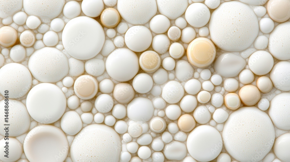 Poster close-up of numerous white beige and cream colored foam spheres of varying sizes arranged in an abst