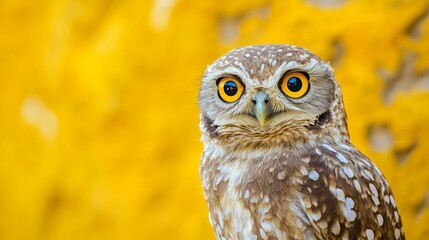 Close-up of a small owl against a backdrop of yellow.