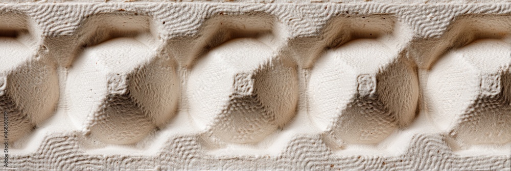 Poster close-up view of textured egg carton showing embossed details and unique patterns with natural light