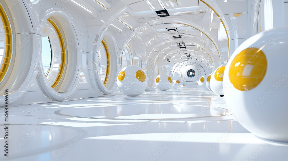 Poster futuristic interior featuring sleek white walls and large circular windows, with glossy spherical ob