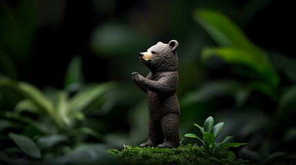 Small Brown Bear Figurine In Forest Scene