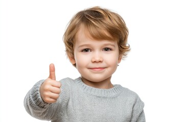 Happy Toddler Boy in Grey Sweater Giving Thumbs Up