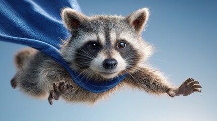 Obraz premium Funny Raccoon Superhero Flying with Blue Cape in the Sky