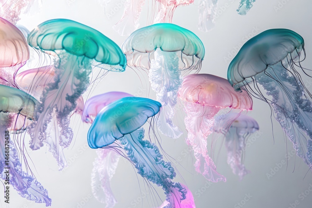 Poster a mesmerizing view of colorful jellyfish with their delicate tentacles floating gracefully in a clea