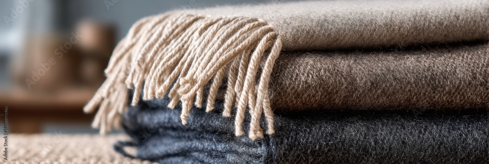 Poster cozy wool blanket with fringe detail folded neatly for a warm and inviting atmosphere in a modern li