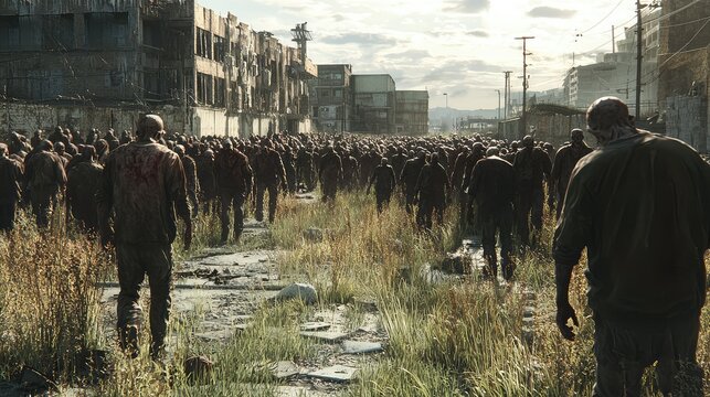 A massive zombie horde walking through a ghostly city, the last traces of life now gone as the undead roam the broken, abandoned streets of a world lost to the virus.
