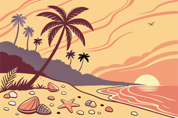 135 palm trees,tropical sunset,beach scene,seashells,sand,ocean,sunlight,colorful landscape