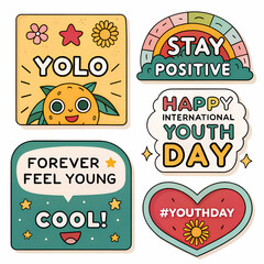 Collection of Colorful Cartoon Stickers with Positive Slogans and Fun Elements on Transparent Background