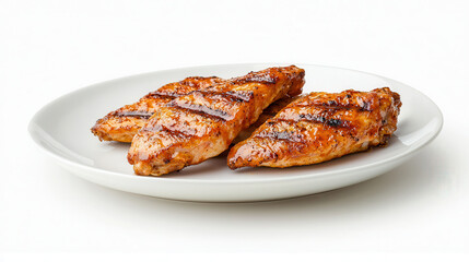 Grilled chicken fillets on white plate, showcasing delicious and appetizing appearance. juicy texture and grill marks enhance visual appeal