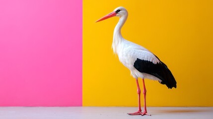 A profile view of a stork against vibrant pink and yellow backgrounds.