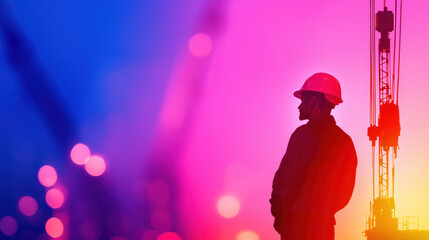 Silhouette of construction worker wearing hard hat, standing against vibrant, colorful background. image conveys sense of determination and focus