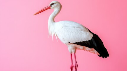 Elegant white stork against a vibrant pink backdrop.