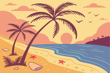 135 palm trees,tropical sunset,beach scene,seashells,sand,ocean,sunlight,colorful landscape