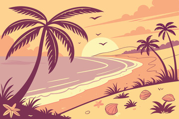 135 palm trees,tropical sunset,beach scene,seashells,sand,ocean,sunlight,colorful landscape