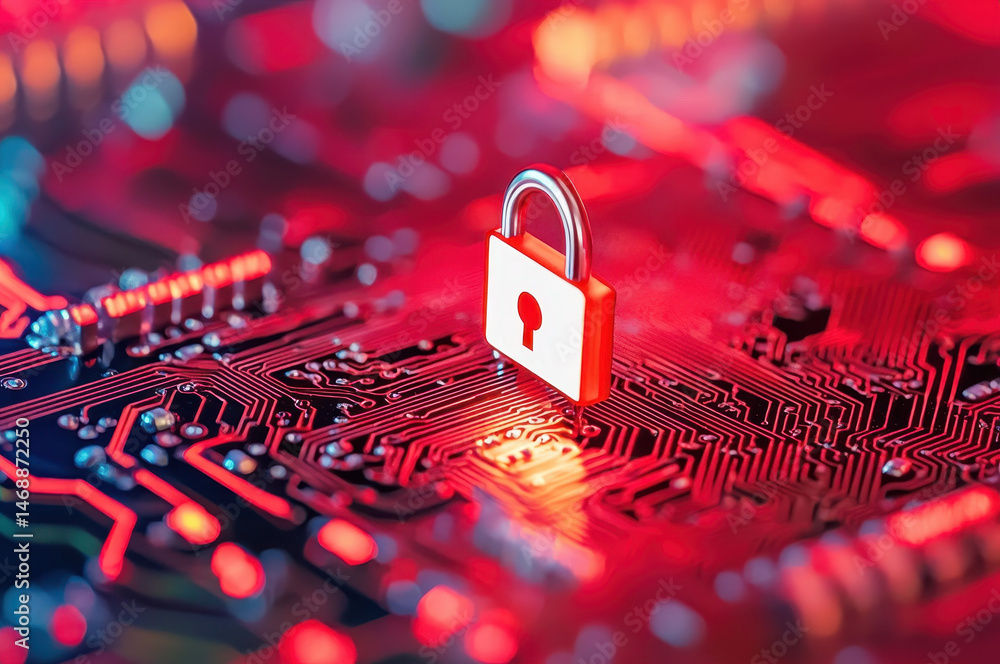 Poster digital lock symbolizing security circuit board, representing data protection and cybersecurity. vib