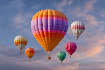 Naklejka premium Colorful Hot Air Balloons Soaring in a Serene Sunset Sky