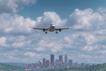 Fototapeta premium Airplane Landing: Cityscape Approach, Cloudy Sky