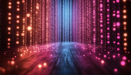 Vibrant digital curtain backdrop with glowing particles.