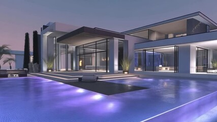 Modern office and apartment buildings at night with a sleek exterior, business-focused atmosphere, and a clear sky backdrop, featuring a parking area and empty spaces