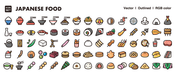 Japanese food illustration icon set.Simple vector outlines, clipart for graphic design.
