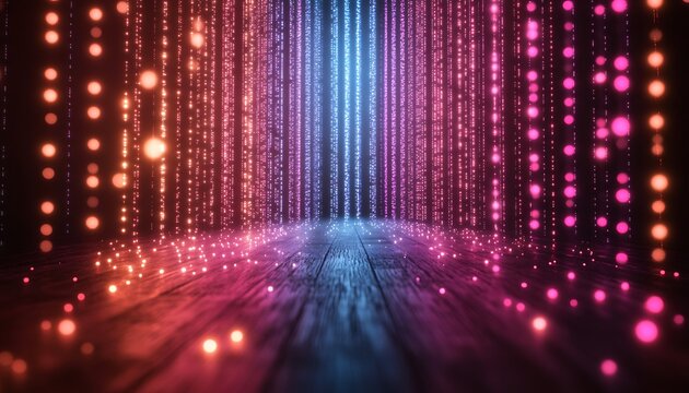 Vibrant digital curtain backdrop with glowing particles.