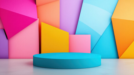 Vibrant geometric shapes create colorful backdrop with circular platform, perfect for showcasing products or presentations