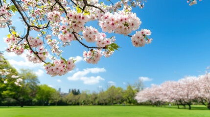 Fototapeta premium Blossoming cherry trees with pink flowers create vibrant scene under clear blue sky, evoking sense of tranquility and beauty