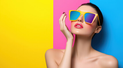 Fototapeta premium Stylish woman poses with vibrant sunglasses against colorful background, exuding confidence and modern fashion