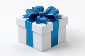 Elegant White Gift Box with a Blue Ribbon Bow