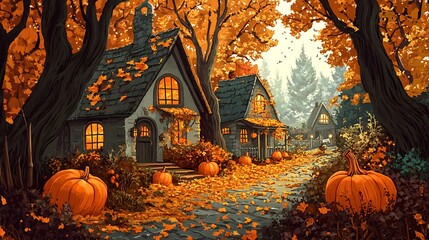 Autumn Village with Cozy Cottages.