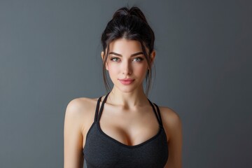 Fototapeta premium Serene Woman: Portrait in Dark Sports Bra, Elegant Updo