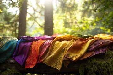 Rainbow silk draped on a mossy log in the forest, illuminated by sunlit trees.