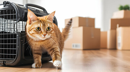 Orange Cat In Pet Carrier With Moving Boxes