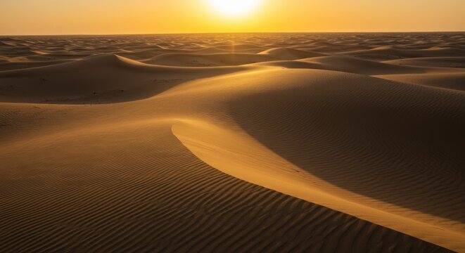 Endless dunes of a desert at sunrise, with soft shadows and delicate barchan shaped