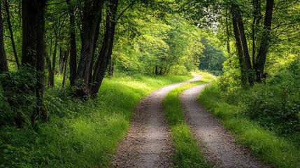 Fototapeta premium Winding Forest Path Dappled in Sunlight Through Lush Green Foliage and Dense Canopy with a Dirt Road