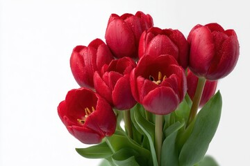 Obraz premium Crimson Tulips: A Bouquet of Dew-Kissed Blooms