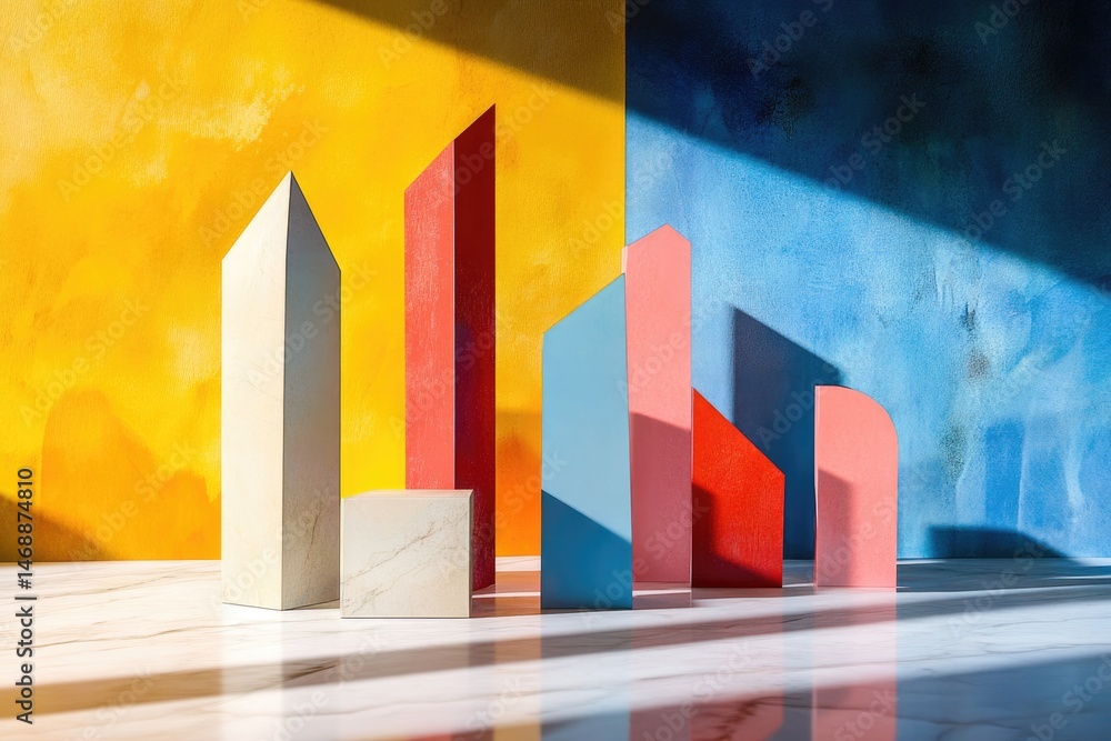 Poster geometric shapes in vibrant colors cast shadows on a textured wall, creating a visually striking and