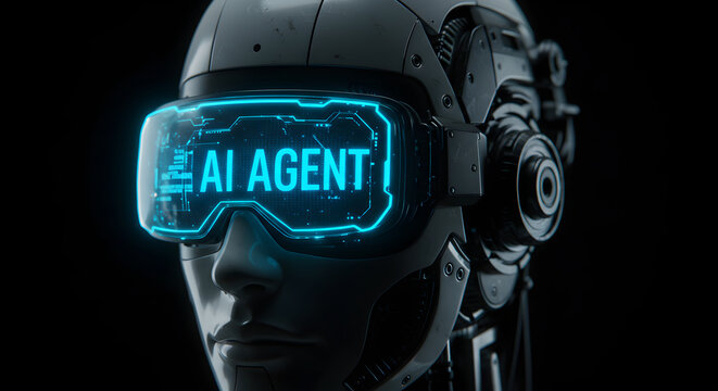 Robot Wearing VR Headset Displaying Digital Information