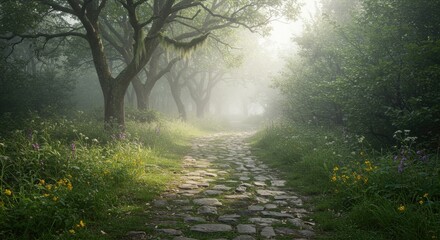 Fototapeta premium An overgrown cobblestone path disappearing into a quiet, fog-laced enchanted forest