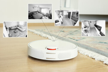 Smart home application on robot vacuum cleaner. 
Robot vacuum cleaner vacuuming dust all rooms in the home