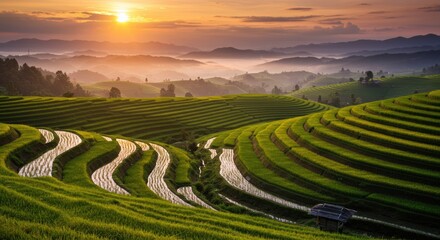 Fototapeta premium A quiet rice terrace at golden hour with distant mist-covered hills in the background